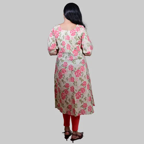 HALF WHITE WITH PEACH FLOWER KURTI